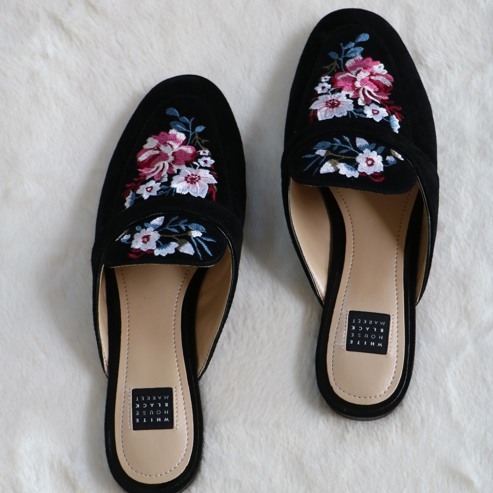 White House Black Market -EMBROIDERED SUEDE SLIDES